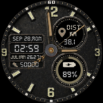 MilTek Frontline military-style Wear OS watch face with a rugged black dial, digital time, compass, step counter, distance tracker, and battery indicator.